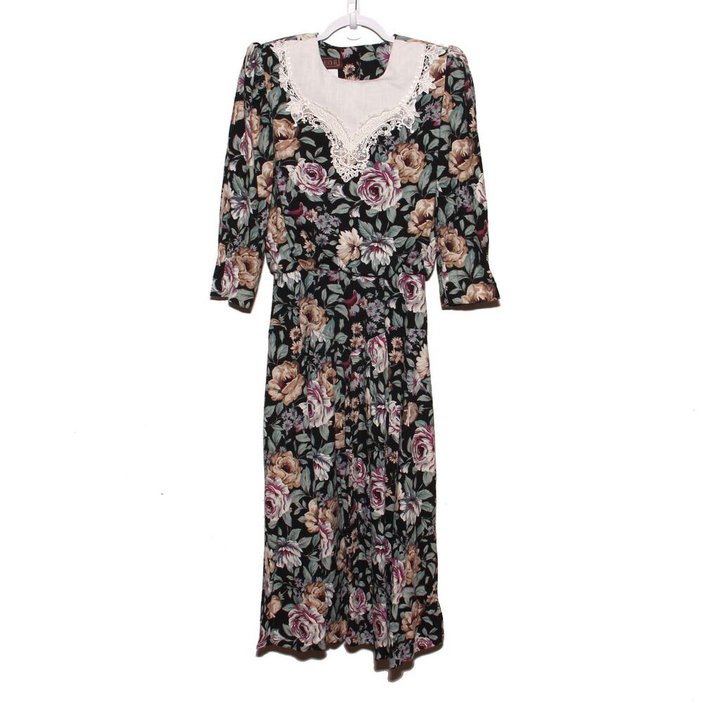 Vintage Lisa II 80s Lace Collar Floral Dress Size 14 Puff Sleeve